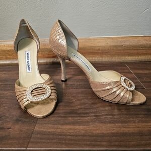 Manolo Blahnik SEDARABY D'Orsay Gold Leather Jewel Crystal Pump Heels Shoes $755